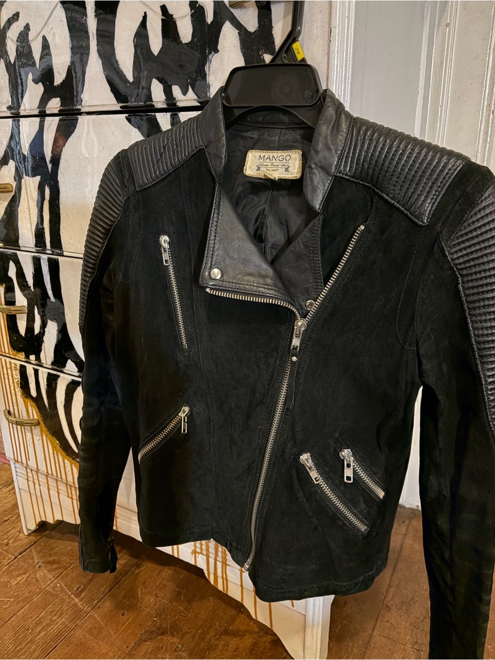 Mango Black Quilted-Shoulder Leather Biker Jacket with Silver Zips